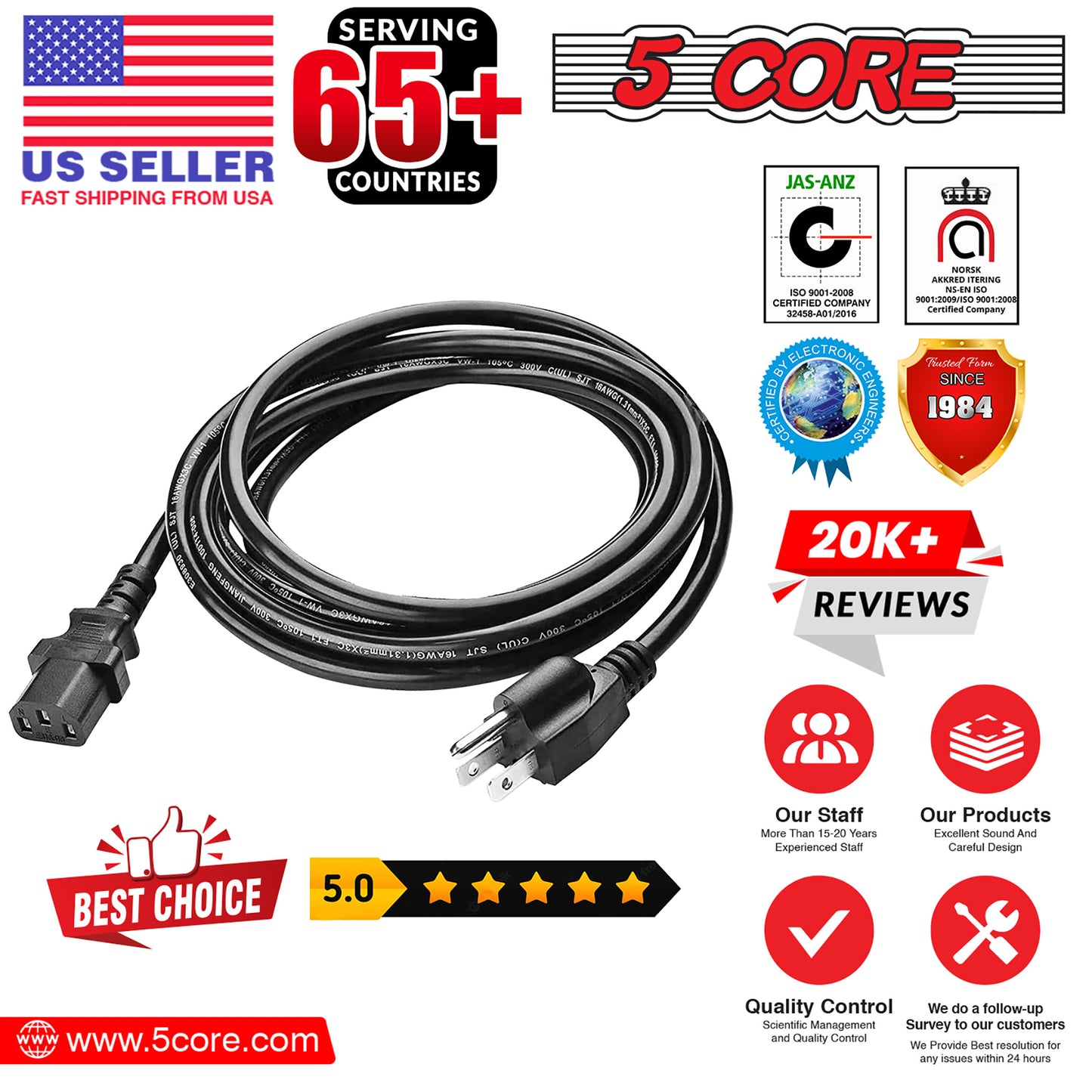 5 Core 6 Feet 3 Prong Replacement AC Wall Power Cord for LCD Computer Monitor PS3 Premium Quality Copper Wire - PC 1001