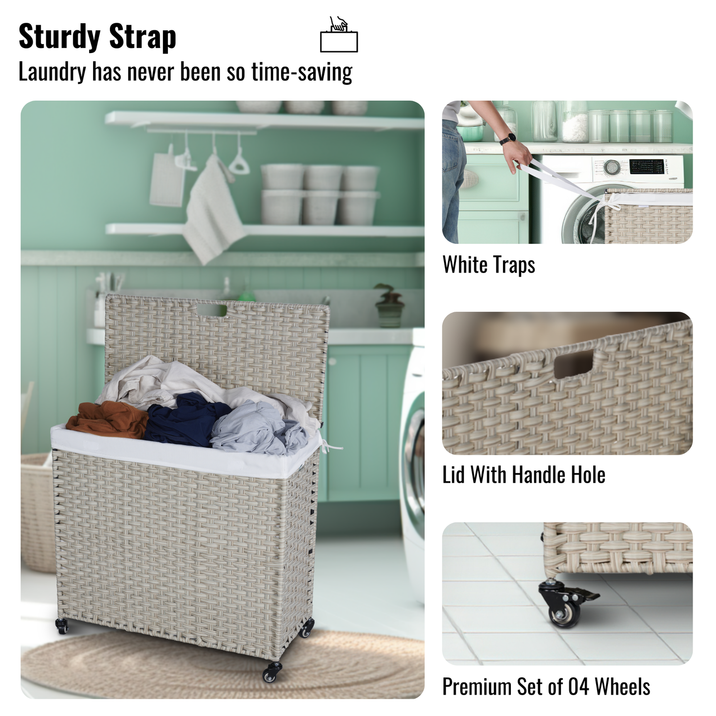 Laundry Hamper With Lid PE Rattan Powder Coating Frame Clothes Hampers with 02 Removable Bags, Wheels, 160L, Grey Color