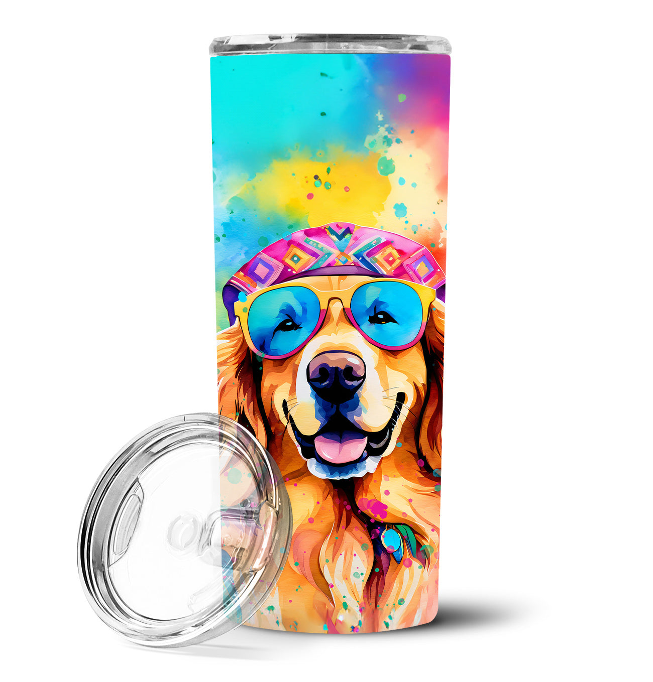 Golden Retriever Hippie Dawg Stainless Steel Skinny Tumbler Vacuum Double Walled Reusable Insulated Tumbler Travel Cup for Coffee Cocktails Gift with Lid, 20 oz