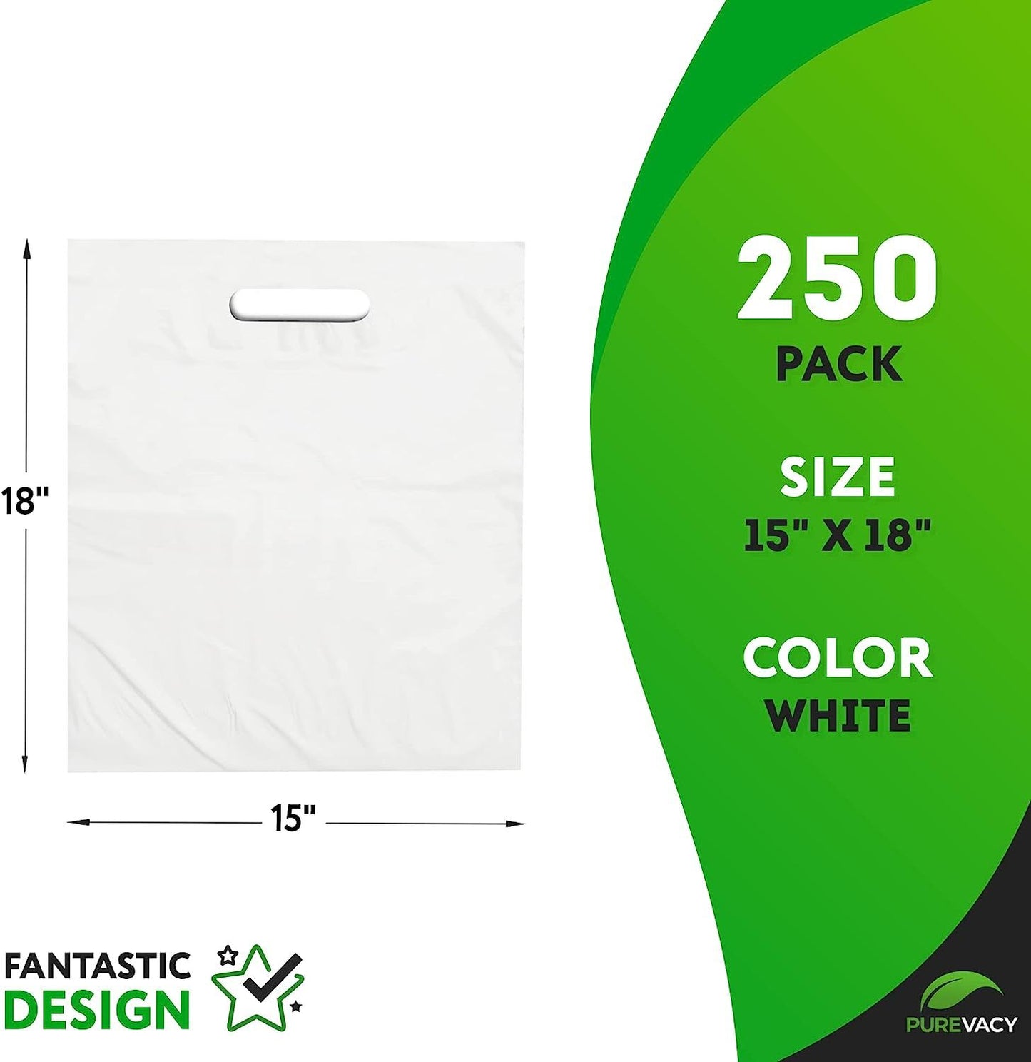 Large Plastic Merchandise Bags for Small Business 15" x 18"; Pack of 250 White Plastic Bags Die Cut Handle; 1.75 Mil LDPE Spacious Die Cut Shopping Bags for Merchandise No Gusset