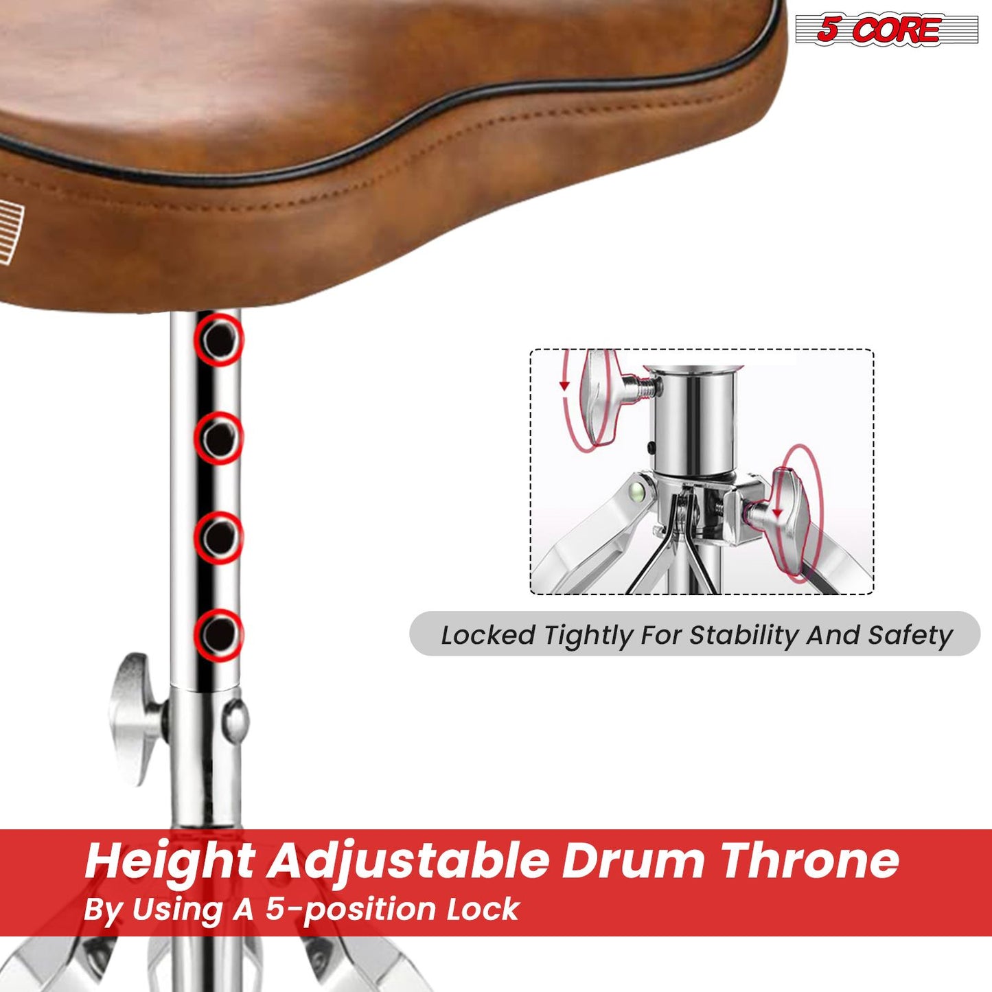 5 CORE Drum Throne Padded Guitar Stool Adjustable Saddle Music Chair Seat Universal for Adults & Kids with Anti Slip Rubber Feet - DS CH BR SDL