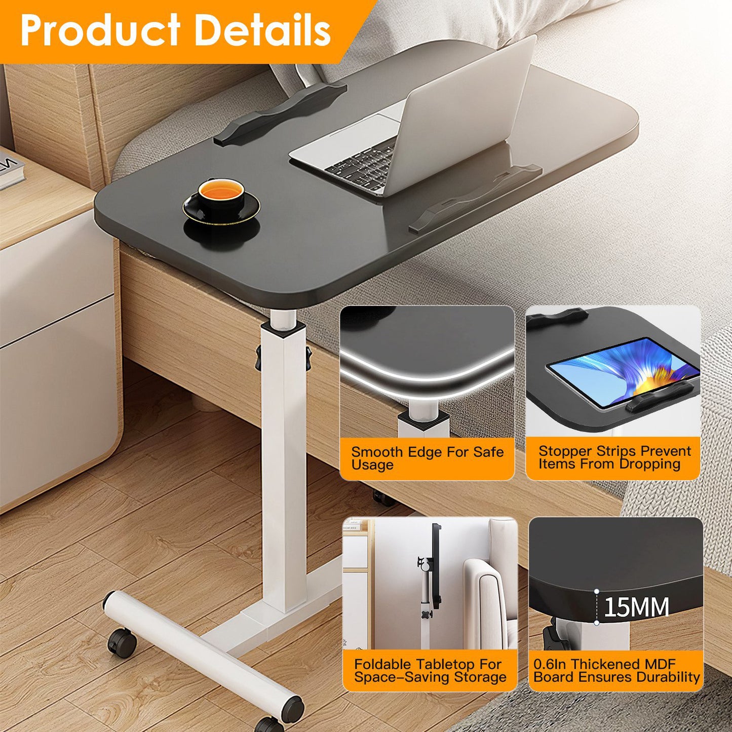 Rolling Laptop Table Portable Computer Desk Movable Table with Adjustable Height Tilting Angle