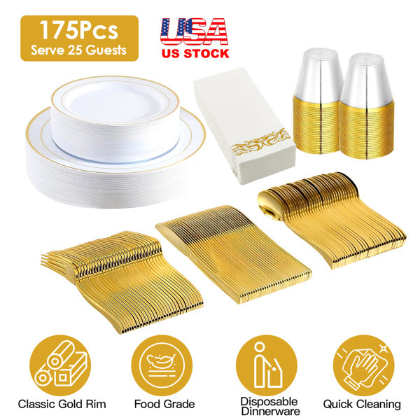 175Pcs Disposable Gold Dinnerware Set Gold Rim Plastic Plates Cups Fork Spoon Knife Paper Napkins for Party Wedding Graduation