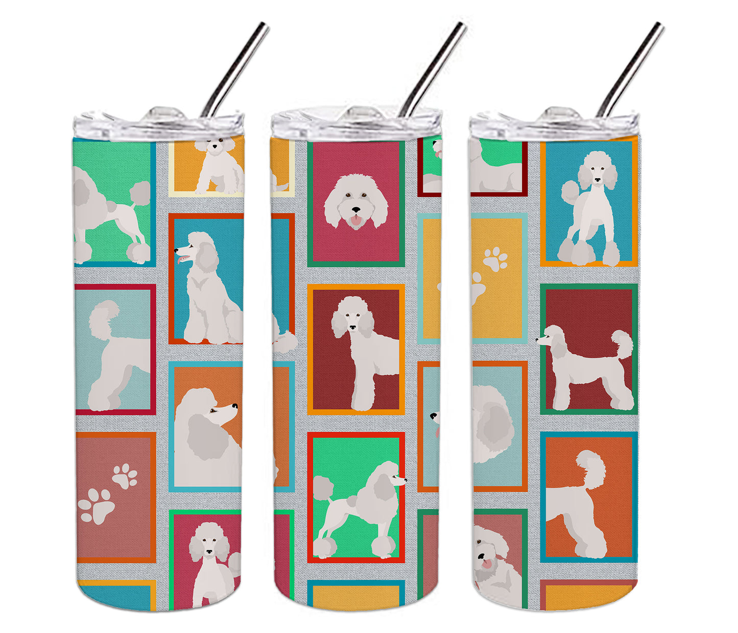 Lots of White Standard Poodle Stainless Steel Skinny Tumbler Vacuum Double Walled Reusable Insulated Tumbler Travel Cup for Coffee Cocktails Gift with Lid, 20 oz