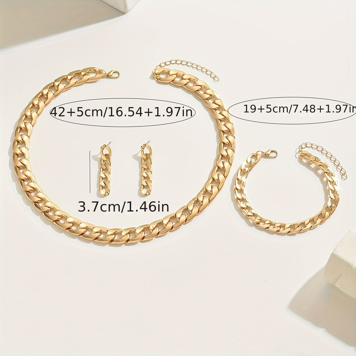 Stylish Gold Chain Link Necklace,  Bracelet, and Earring Set