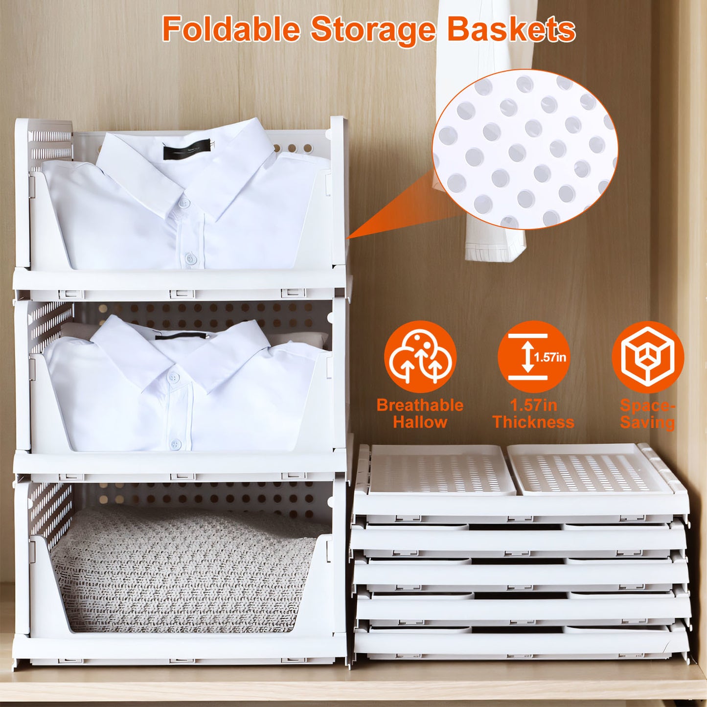 4 Packs Plastic Storage Box Closet Organizer Foldable Storage Bin Stackable Drawer with Slide Rail Push-Pull Storage Basket for Living Room Bedroom Wardrobe White