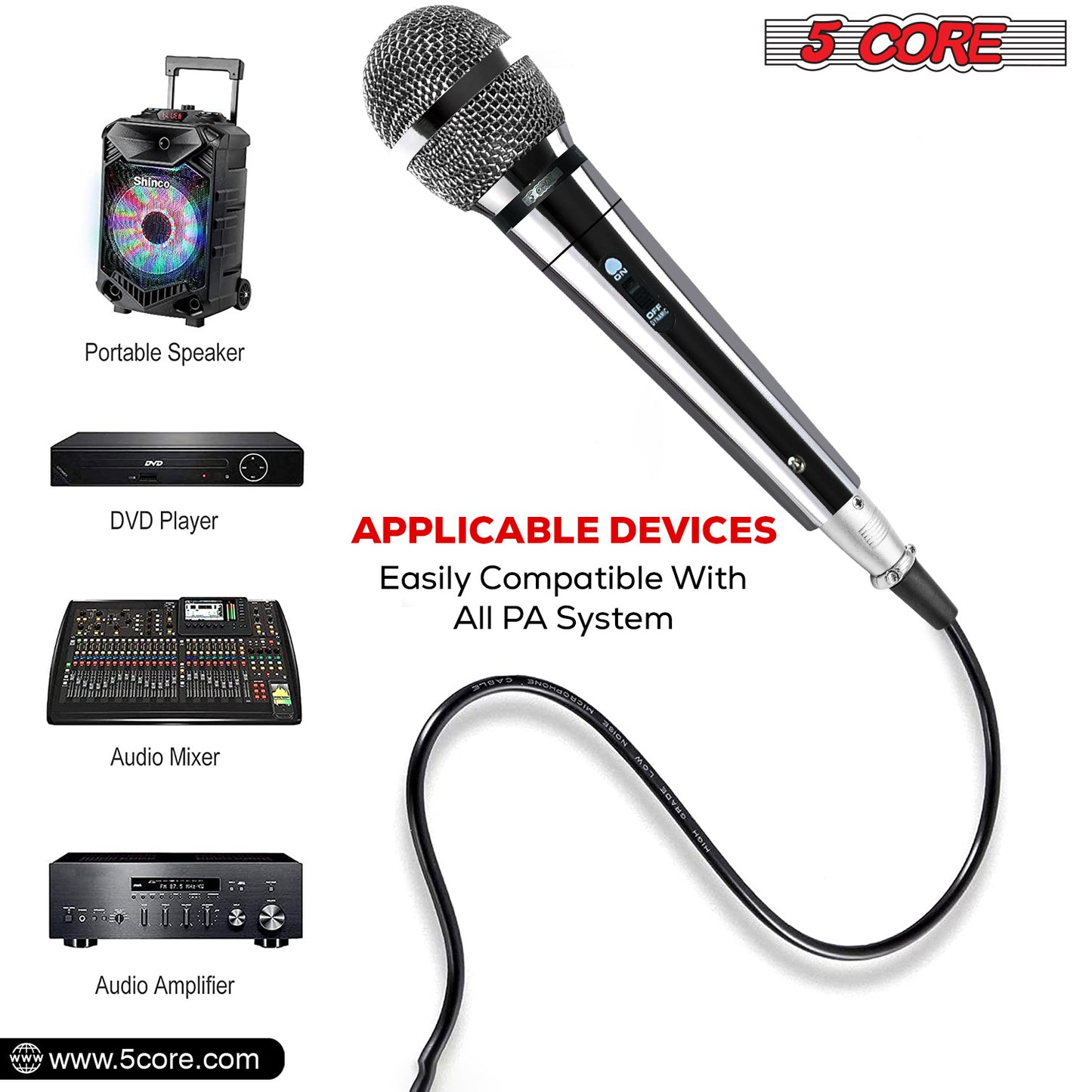 5 Core Microphone XLR Dynamic Mic Karaoke Singing Handheld Microfono Wired Professional Unidirectional 1/4 Plug In Cord Connection for Vocal DJ Music - PM 111 CH