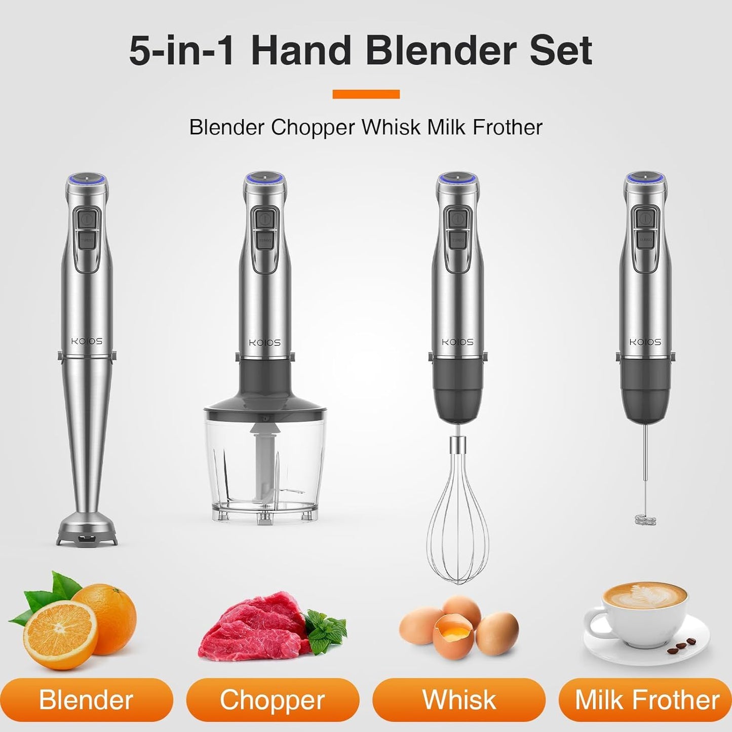 KOIOS 1100W Immersion Hand Blender, Stainless Steel Stick Blender with 12-Speed & Turbo Mode, 5-in-1 Handheld Blender with 600ml Mixing Beaker with Lid, 500ml Chopper, Whisk, Milk Frother, BPA-Free