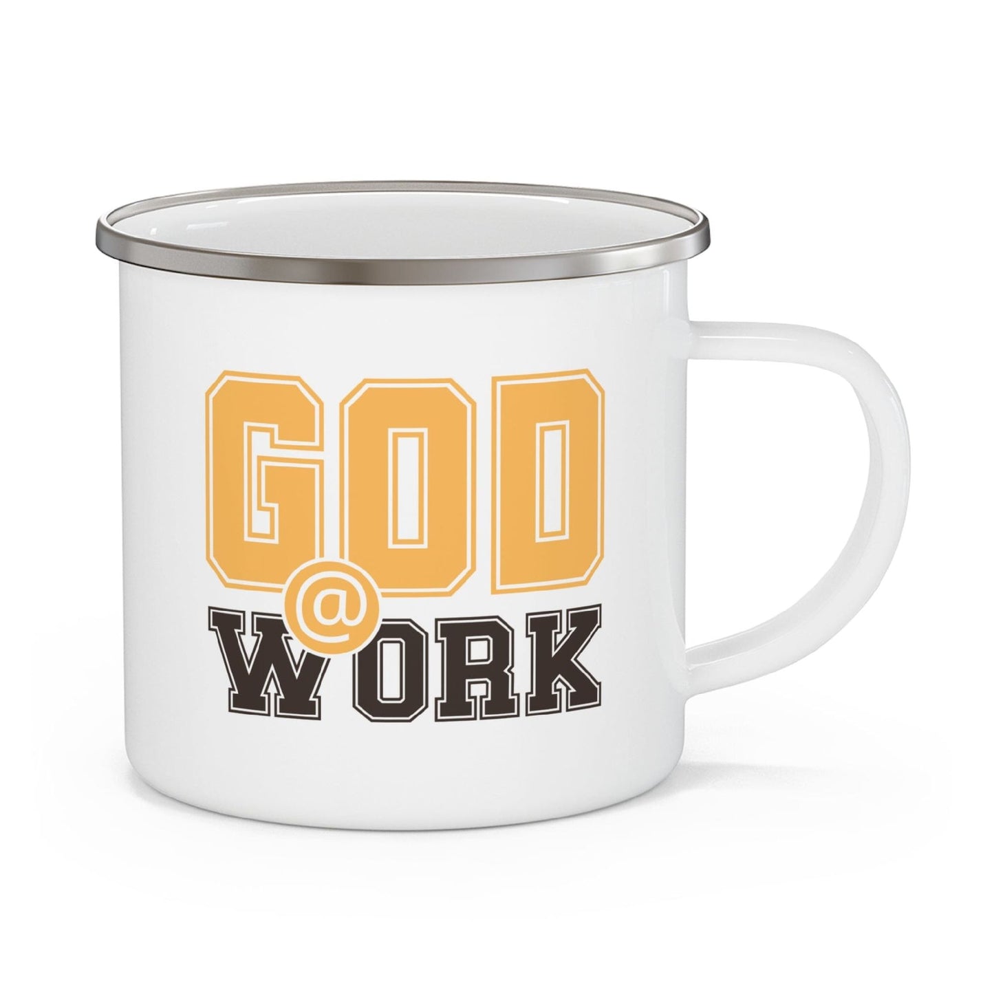 Enamel Camping Mug, God @ Work Golden Yellow And Brown Print