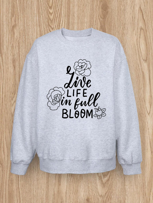 Women Basic Casual Pullover Spring Autumn Long Sleeve Alphabet Rose Printed Round Neck