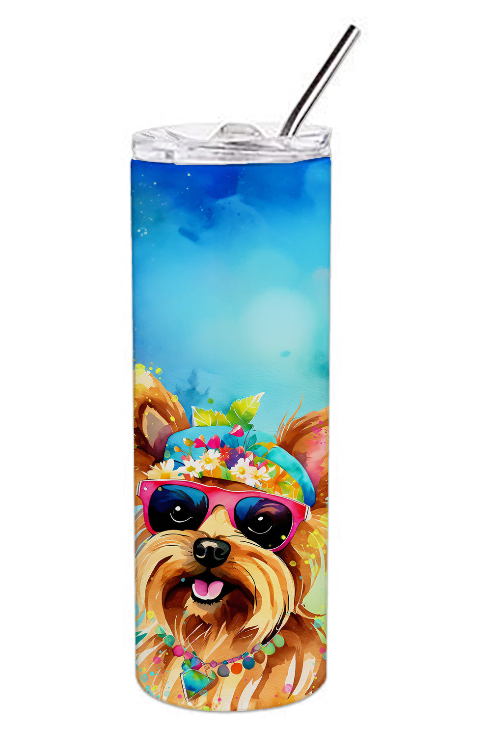 Yorkshire Terrier Hippie Dawg Stainless Steel Skinny Tumbler Vacuum Double Walled Reusable Insulated Tumbler Travel Cup for Coffee Cocktails Gift with Lid, 20 oz