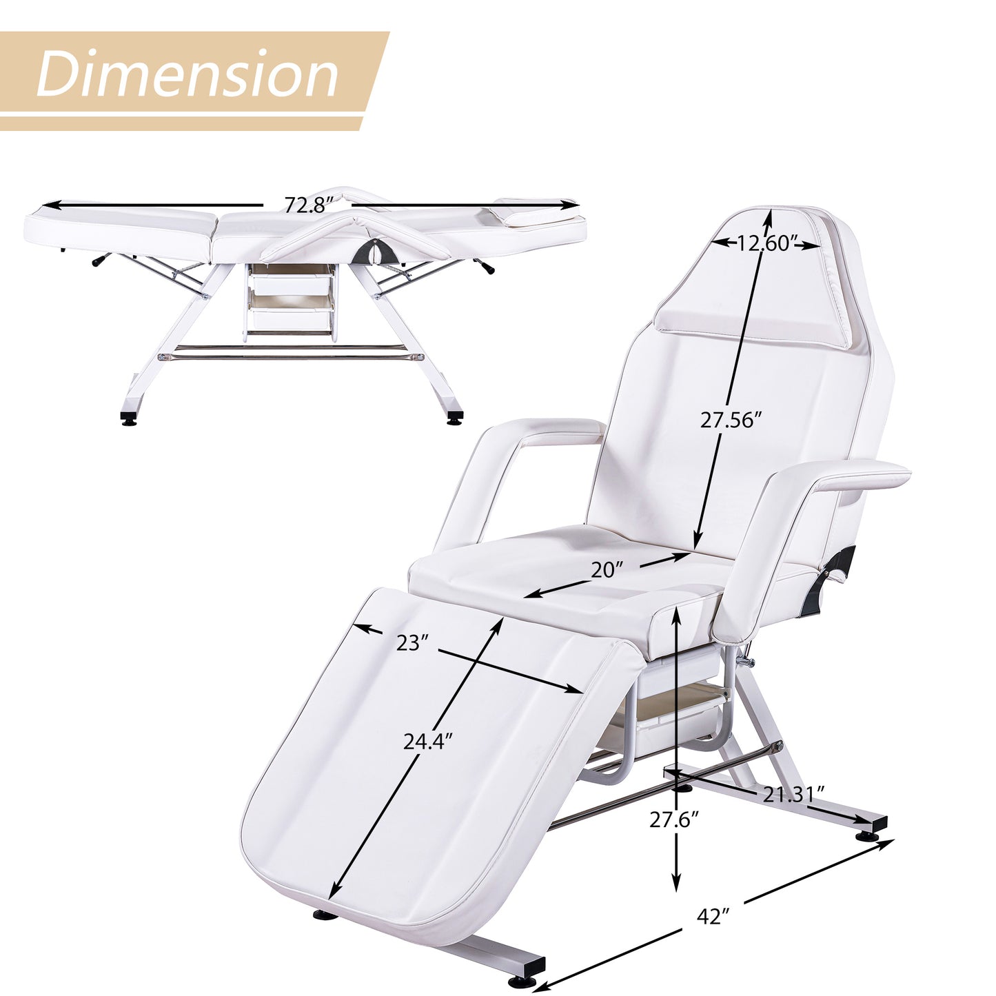 Massage Salon Tattoo Chair with Two Trays Esthetician Bed with Hydraulic Stool,Multi-Purpose 3-Section Facial Bed Table, Adjustable Beauty Barber Spa Beauty Equipment, White