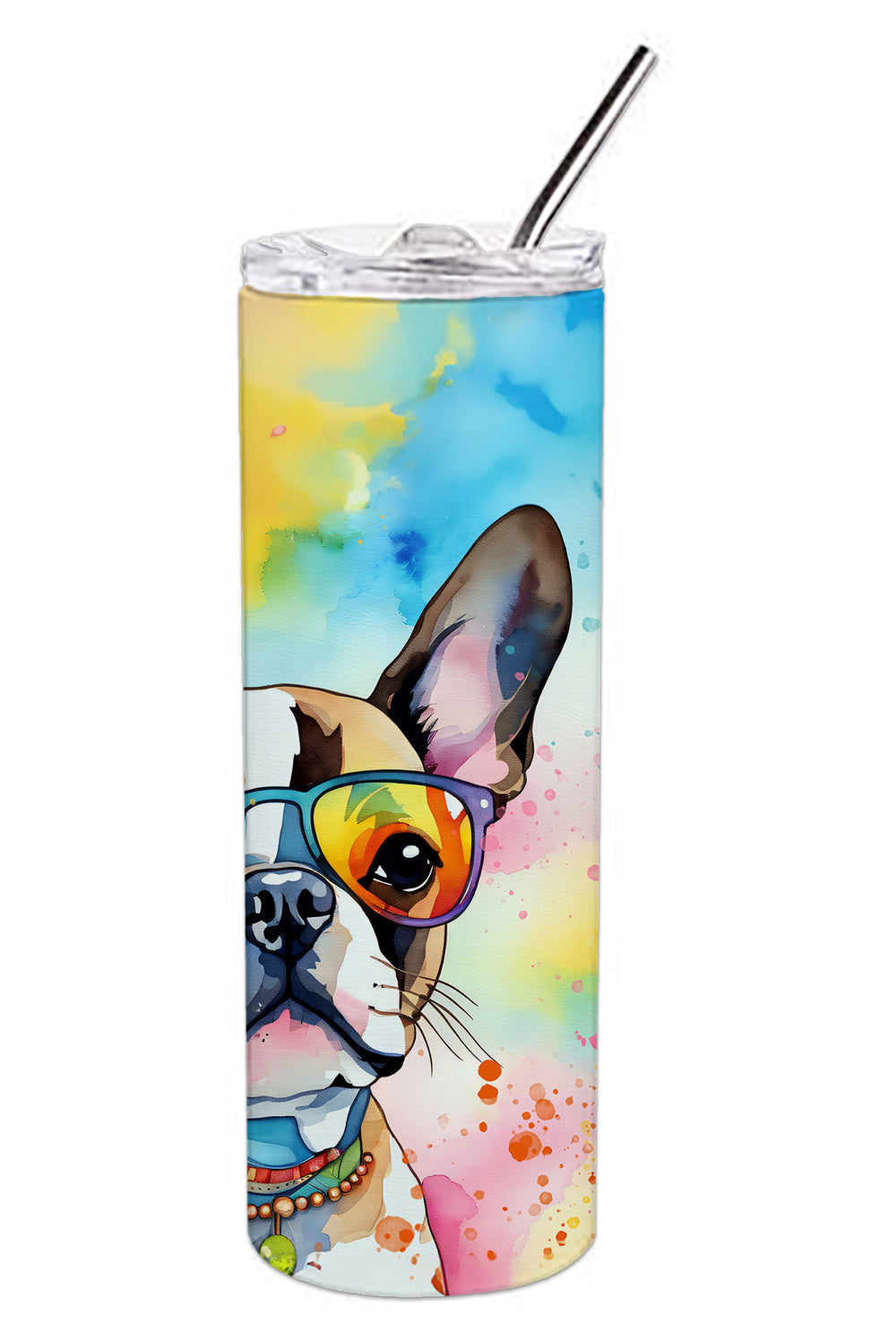 Boston Terrier Hippie Dawg Stainless Steel Skinny Tumbler Vacuum Double Walled Reusable Insulated Tumbler Travel Cup for Coffee Cocktails Gift with Lid, 20 oz