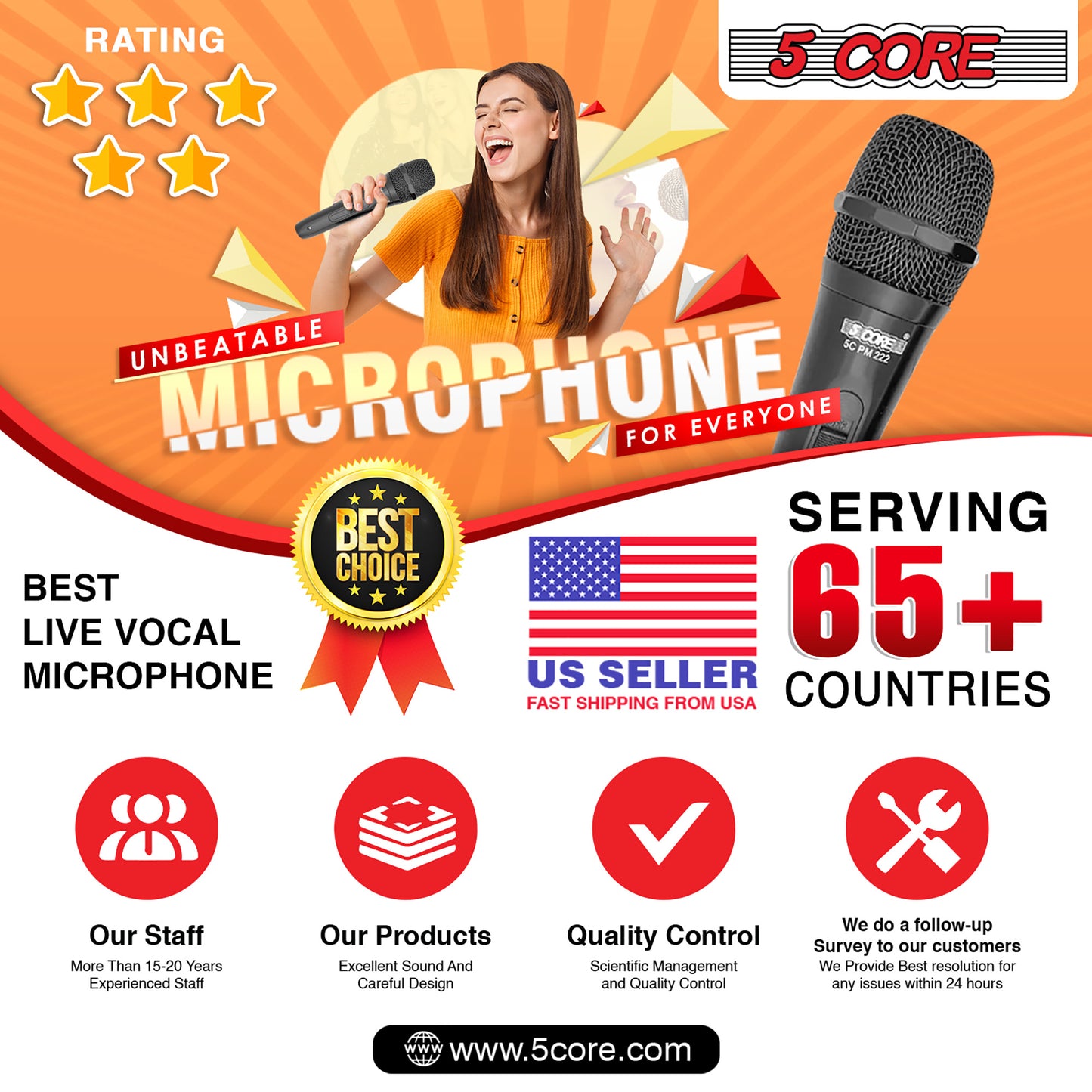 5 Core Microphone XLR Dynamic Mic Karaoke Singing Handheld Microfono Wired Professional Unidirectional 1/4 Plug In Cord Connection for Vocal DJ Music - PM-222