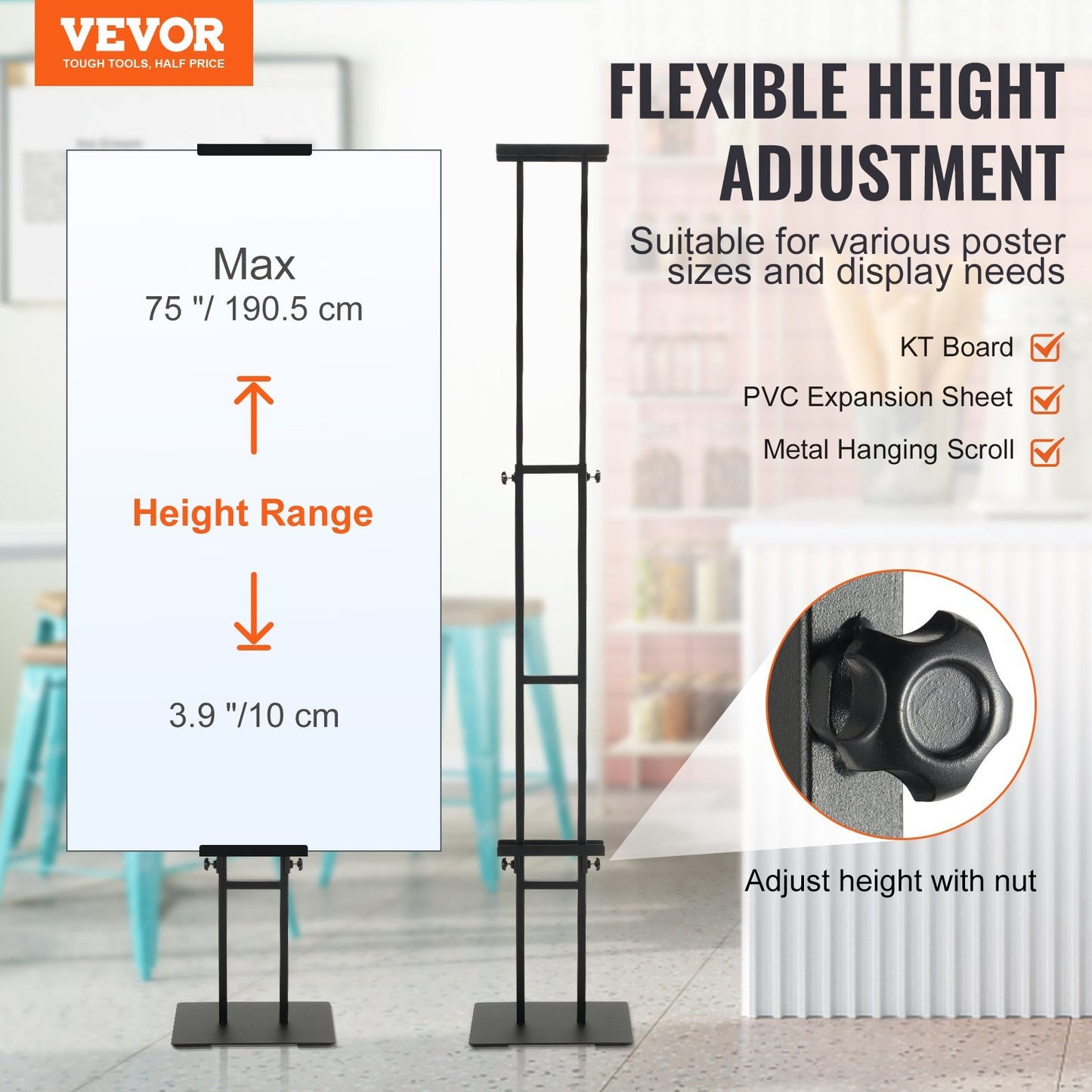 VEVOR Poster Stand, Adjustable Height Up to 75", Double-Sided Heavy Duty Pedestal Sign Holder, Floor Standing Sign Holder Banner Stand with Shock-absorbing Base for Display, for Board and Foam, Black