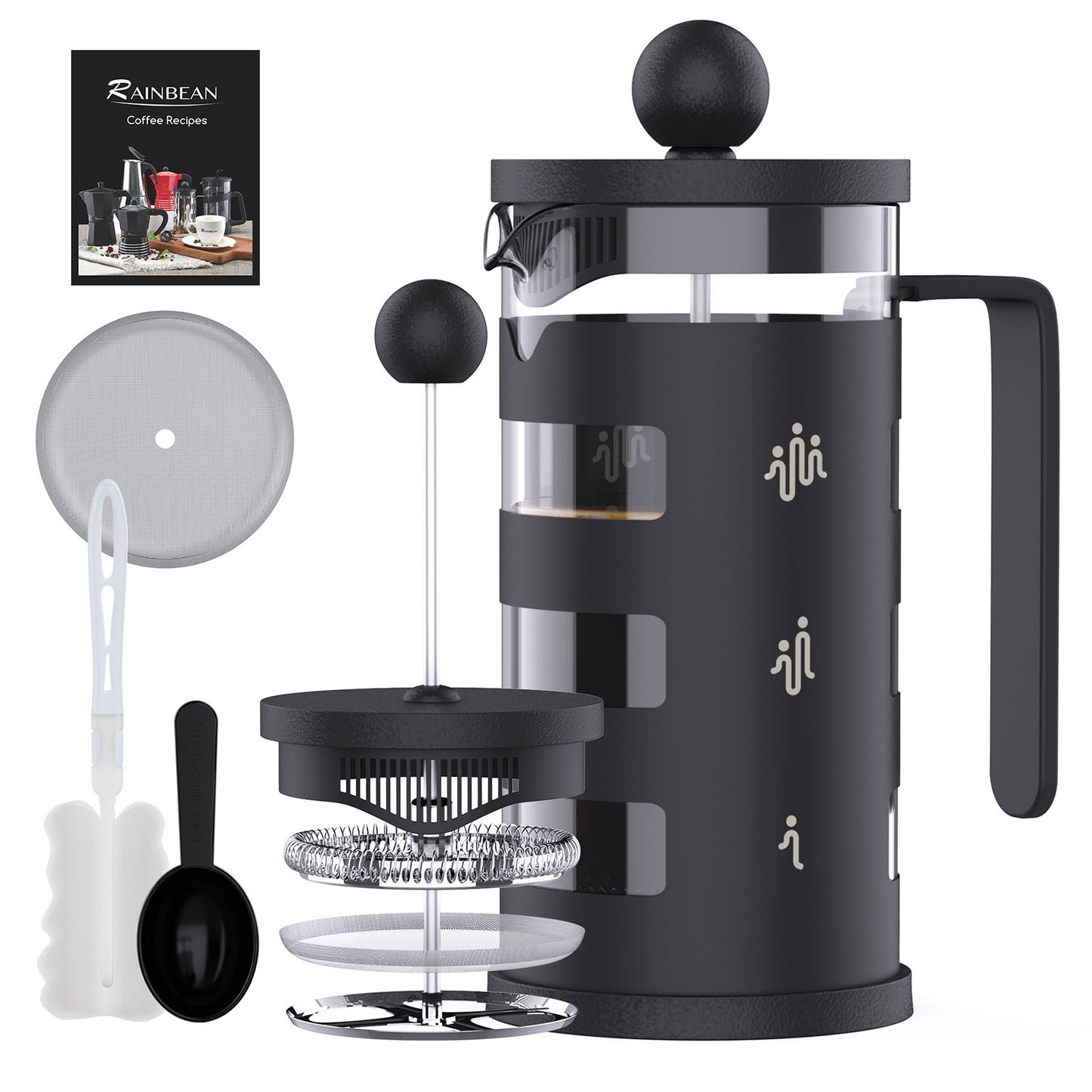 RAINBEAN  French Press Coffee Maker Easy Cleaning Cafeteria, Heat Resistant Borosilicate Glass, Black