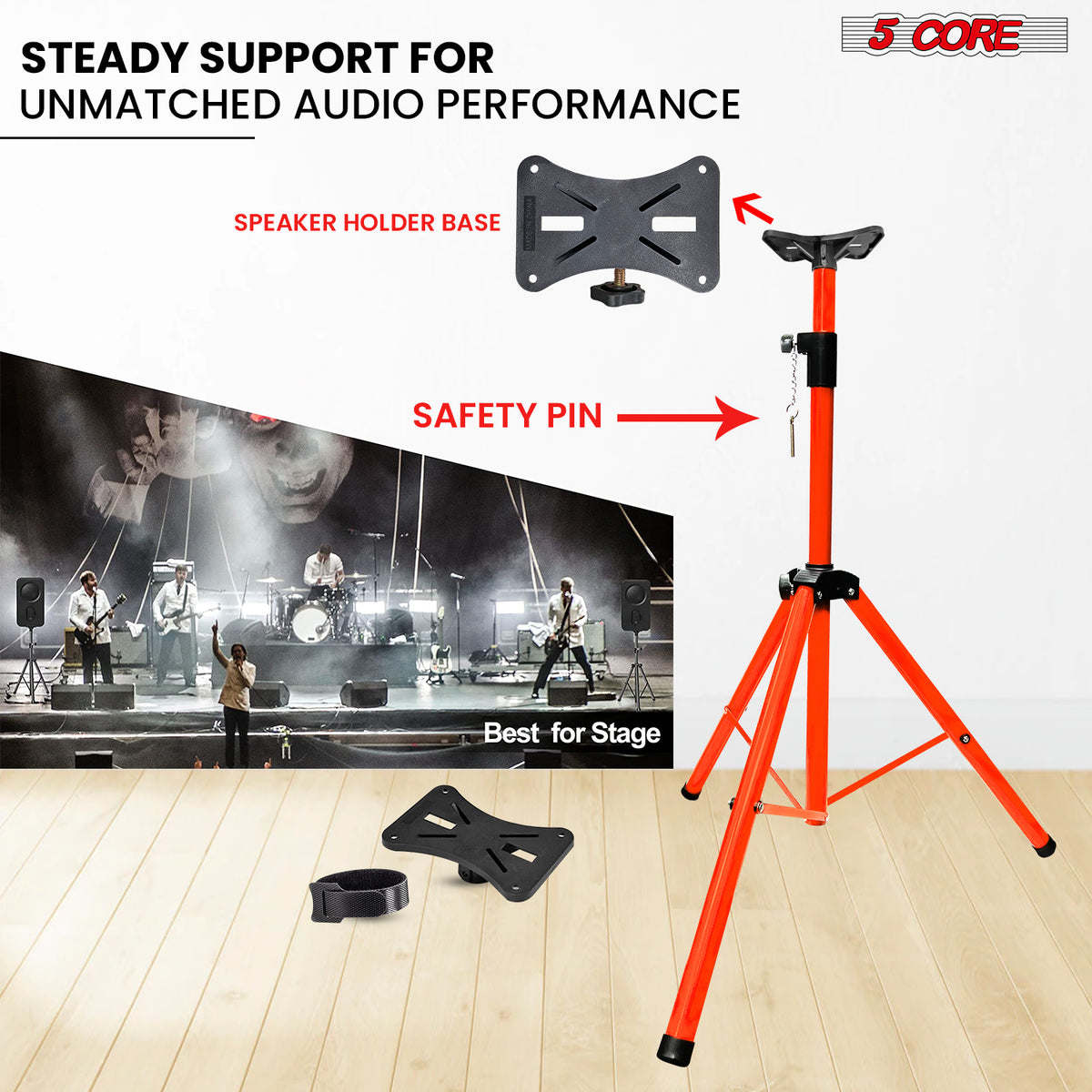 5 Core Speaker Stand Tripod Floor Tall Adjustable Up to 72 Inch DJ Studio Monitor Stands Pole Mount - SS ECO ORG WOB