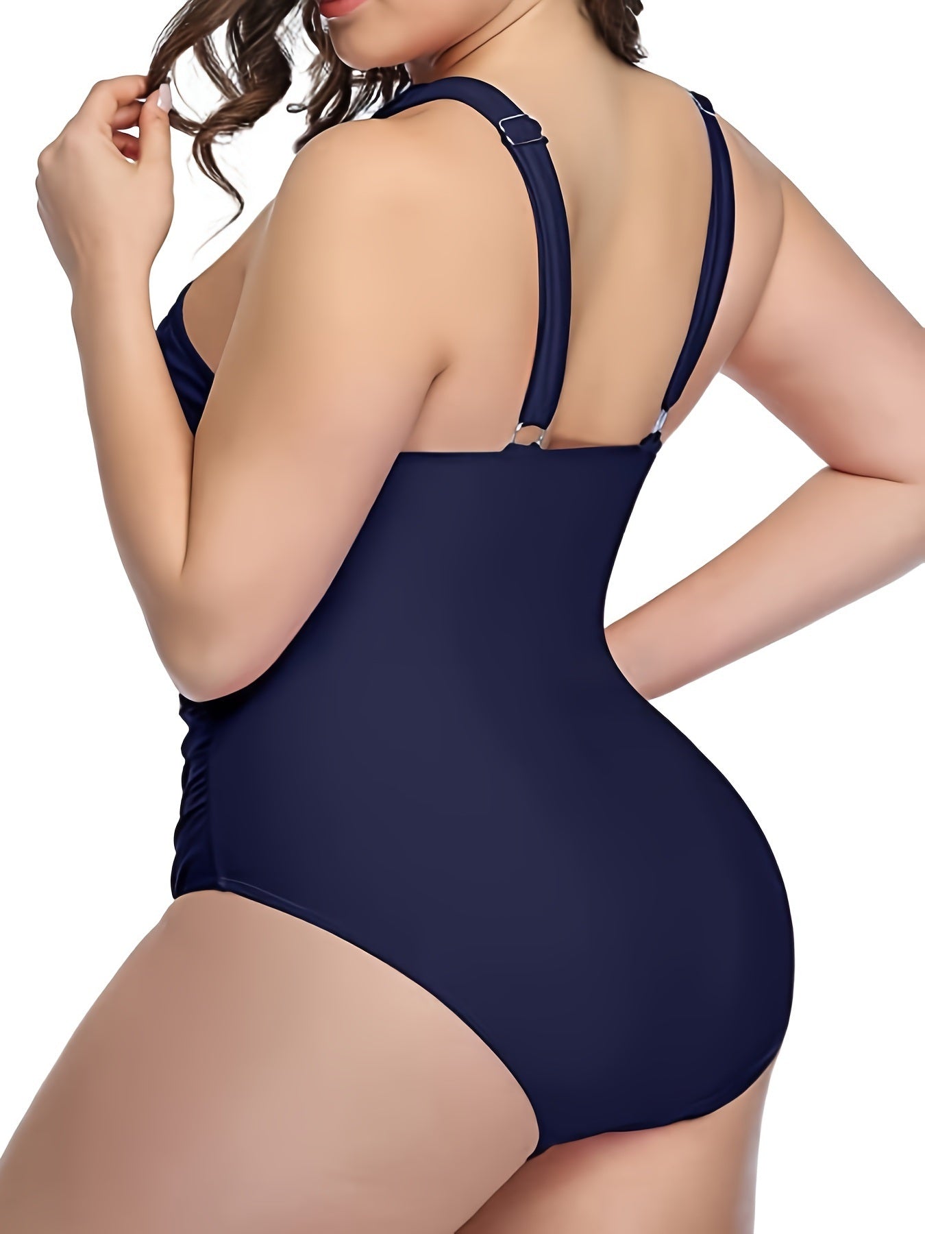 Plus Size Criss Cross Neck Cut Out One Piece Swimsuit; Women's Plus High Stretch Modest One Piece Bathing Suit