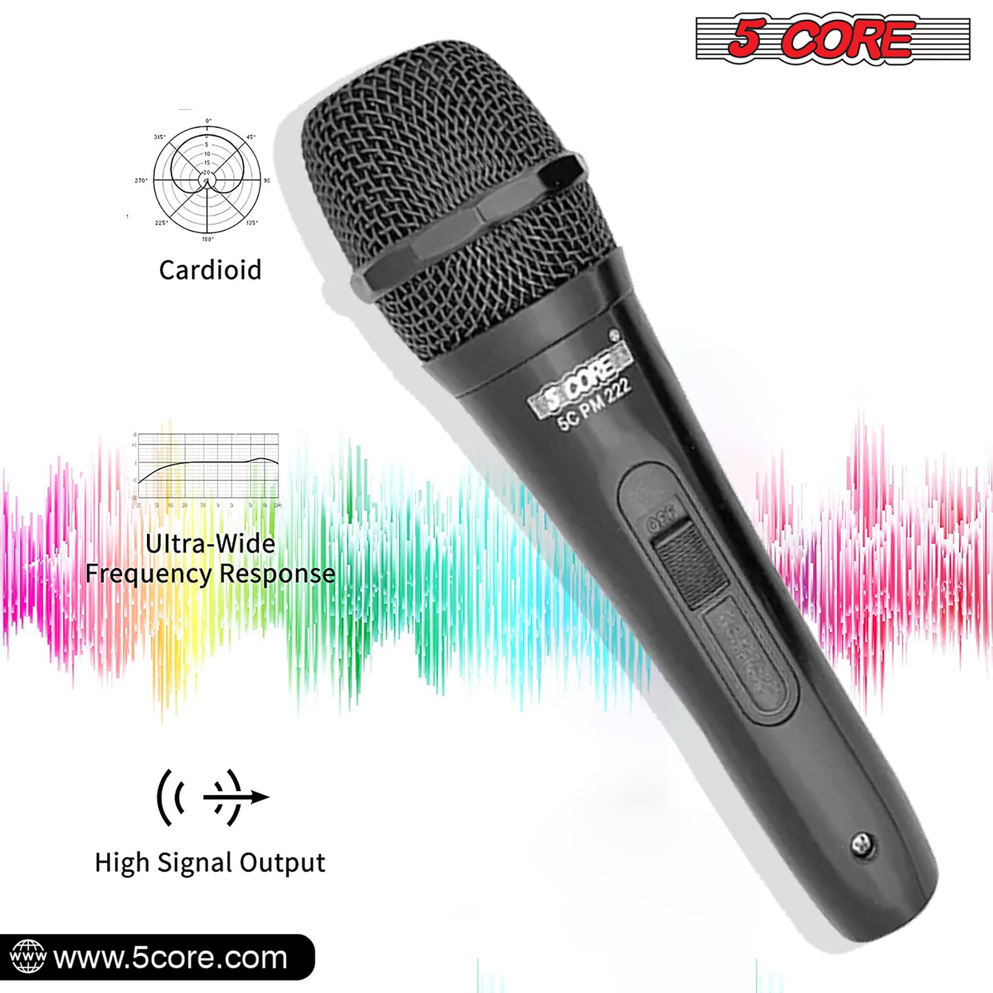 5 Core Microphone XLR Dynamic Mic Karaoke Singing Handheld Microfono Wired Professional Unidirectional 1/4 Plug In Cord Connection for Vocal DJ Music - PM-222