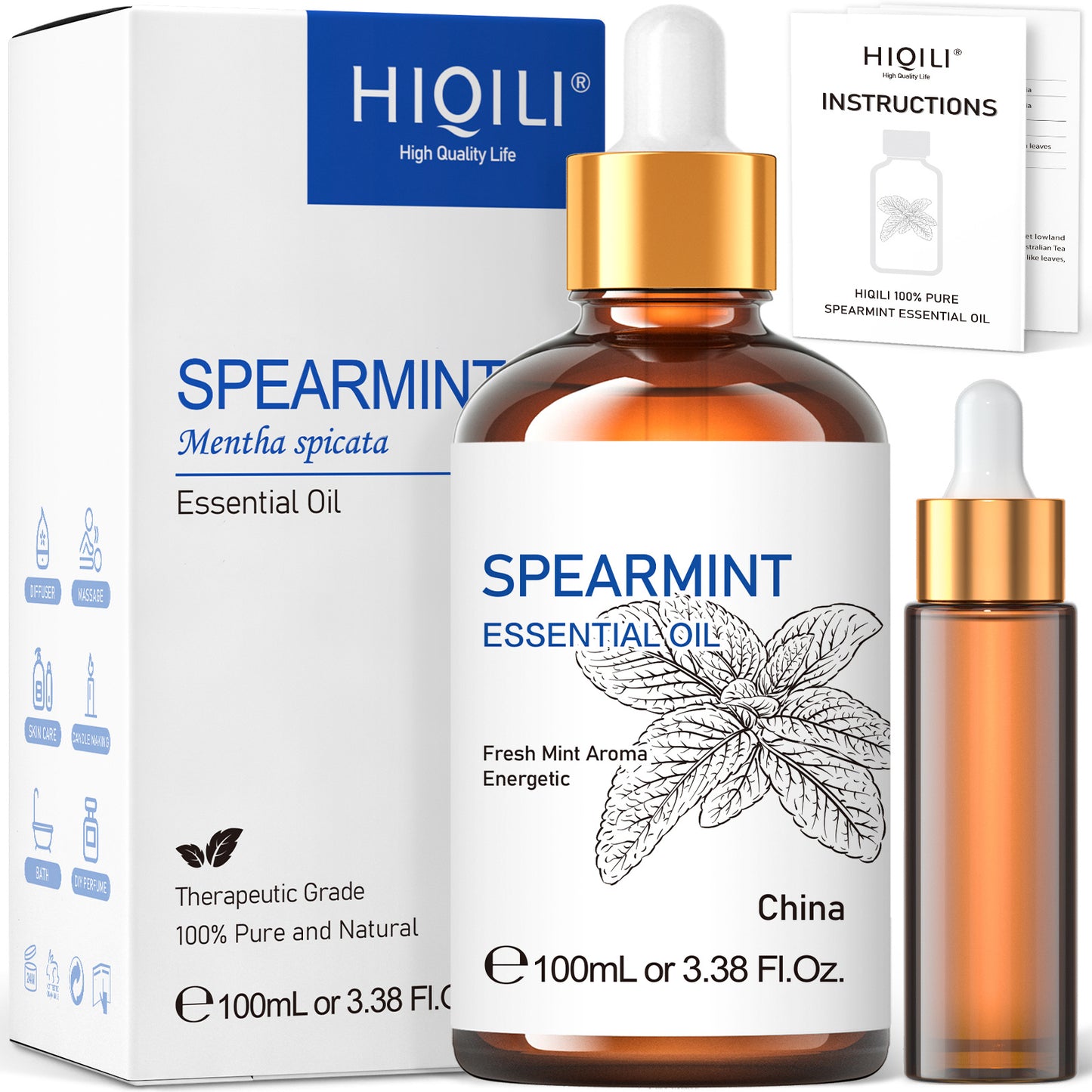 HIQILI Spearmint Vanilla Rose Cinnamon Lemon Essential Oils,100ML Pure Oil for Diffuser, Humidifier, Massage Muscle Relief Bath