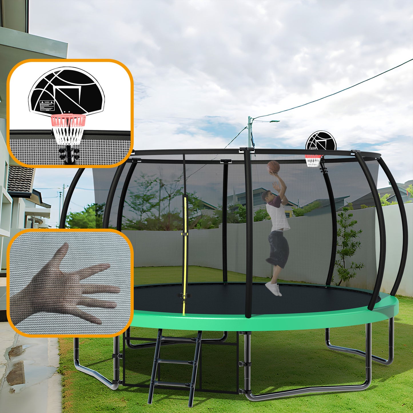 12FT Recreational Kids Trampoline with Safety Enclosure Net & Ladder, Outdoor Recreational Trampolines