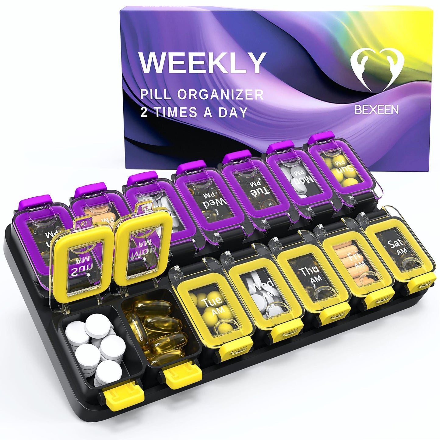 Weekly Pill Organizer 2 Times A Day Airtight Pill Box 7 Day Am Pm Vitamin Case Extra Large Medicine Container Two Week Supplement Holder Daily Medication Storage XL Med Sorter Yellow Purple