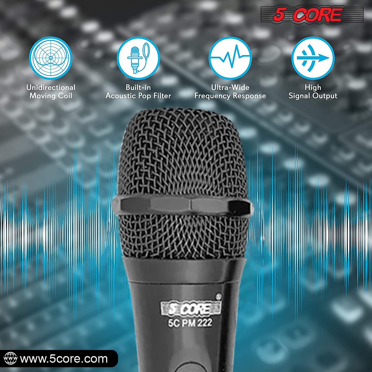 5 Core Microphone XLR Dynamic Mic Karaoke Singing Handheld Microfono Wired Professional Unidirectional 1/4 Plug In Cord Connection for Vocal DJ Music - PM-222