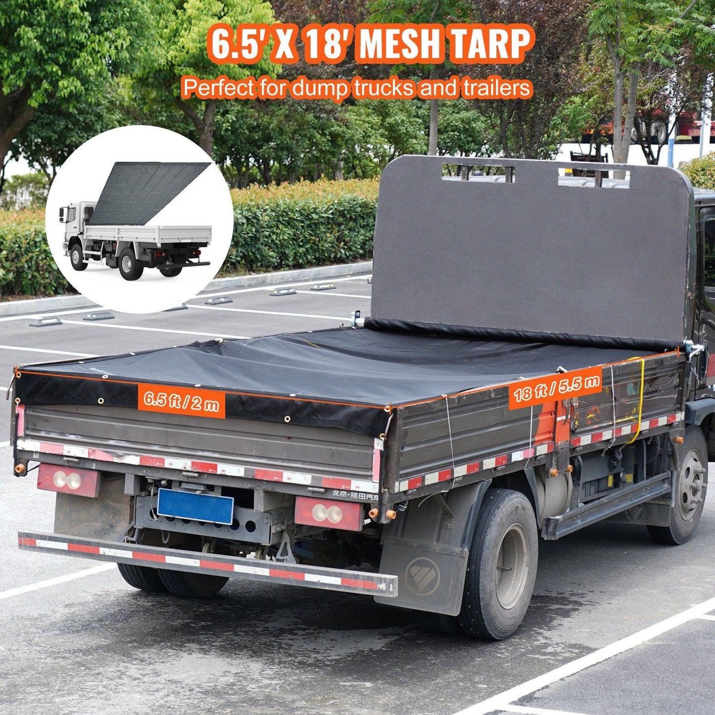 VEVOR Dump Truck Mesh Tarp, 6.5x18 ft, PVC Coated Black Heavy Duty Cover with 5.5" 18oz Double Pocket, Brass Grommets, Reinforced Double Needle Stitch Webbing Fits Manual or Electric Dump Truck System