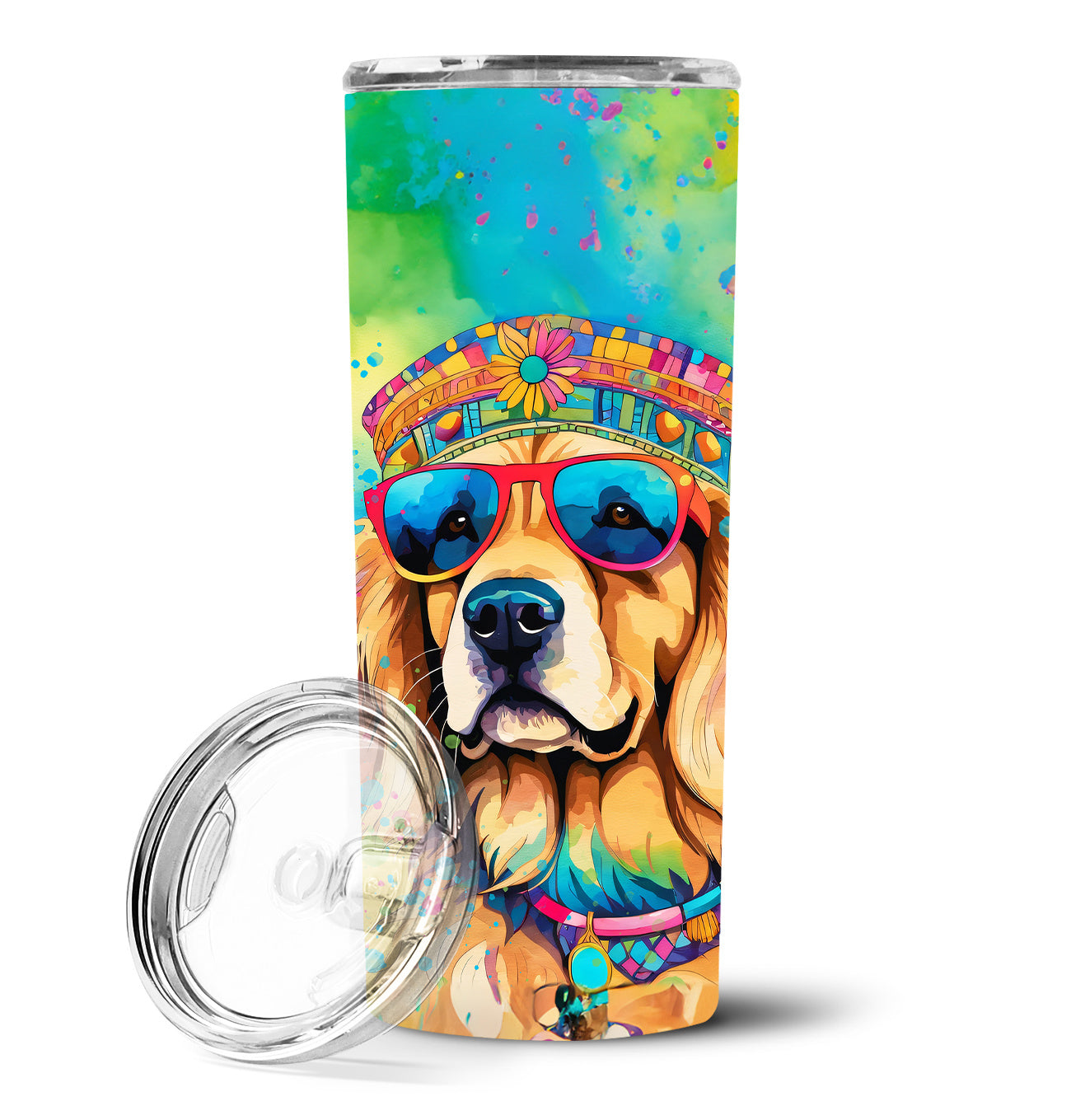 Golden Retriever Hippie Dawg Stainless Steel Skinny Tumbler Vacuum Double Walled Reusable Insulated Tumbler Travel Cup for Coffee Cocktails Gift with Lid, 20 oz