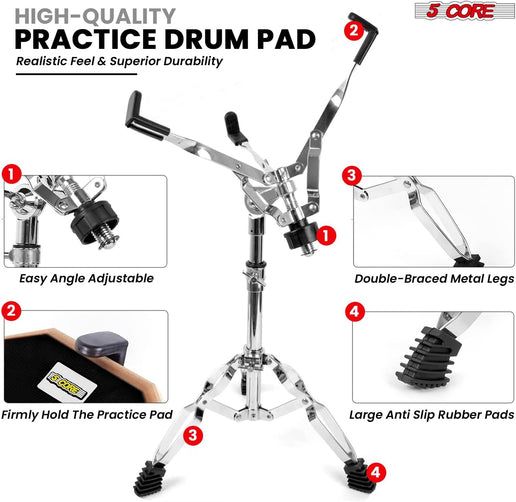 5 Core Drum Throne Adjustable Guitar Stool Padded Seat + Drum Practice Pad Snare Drumming Stand - DS CH BLK + DPAD COMBO BLK