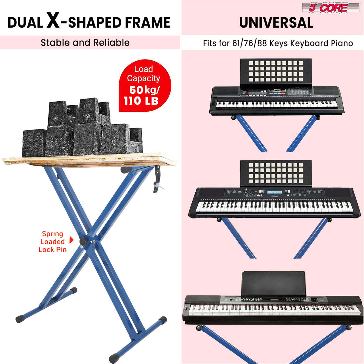 5 Core Keyboard Stand Digital Piano Riser Adjustable X Style Heavy Duty Electric Key Board Casio Synth Holder Foldable Portable Fits 54 61 88 Keys - KS 2X