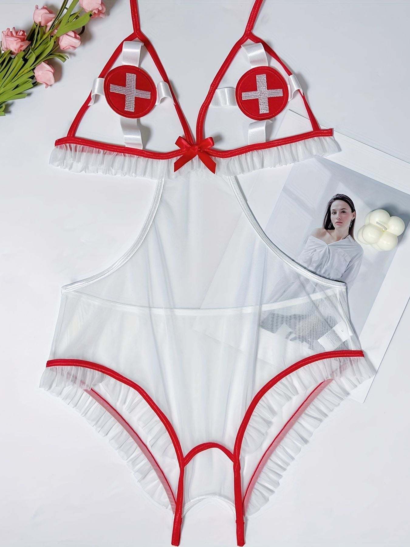 Sweet Nurses Uniform Sexy Seduction Mesh Open One Piece Sexy Lingerie Women
