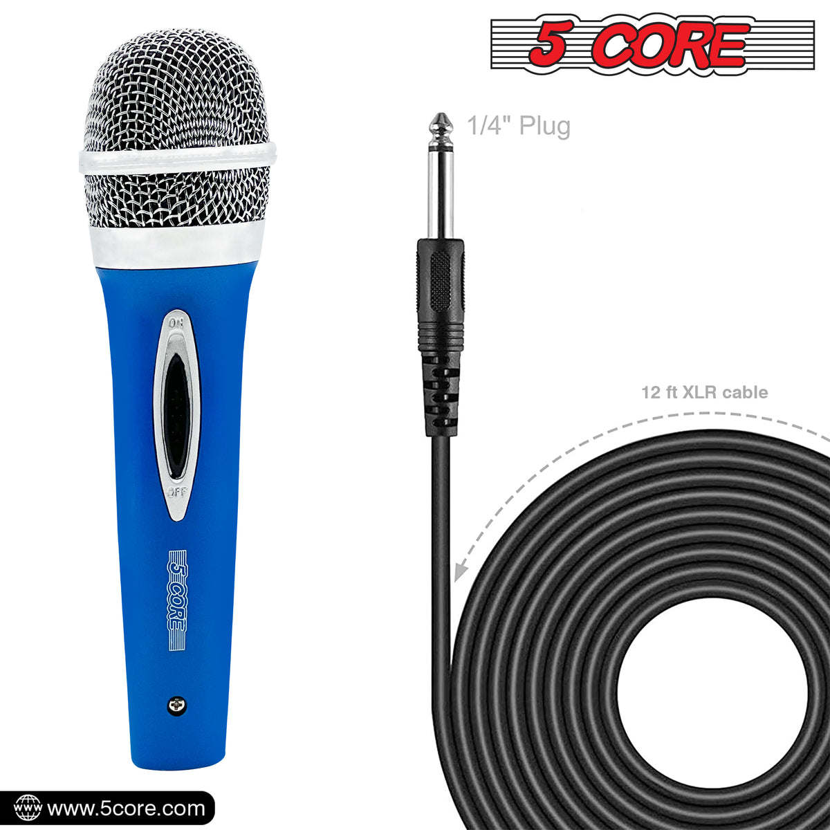 5 Core Microphone Wired Premium Vocal Dynamic Cardioid Handheld Unidirectional Mic with 12ft Detachable XLR Cable to inch Audio Jack and On/Off Switch for Karaoke Singing (Blue) PM 286 BLU