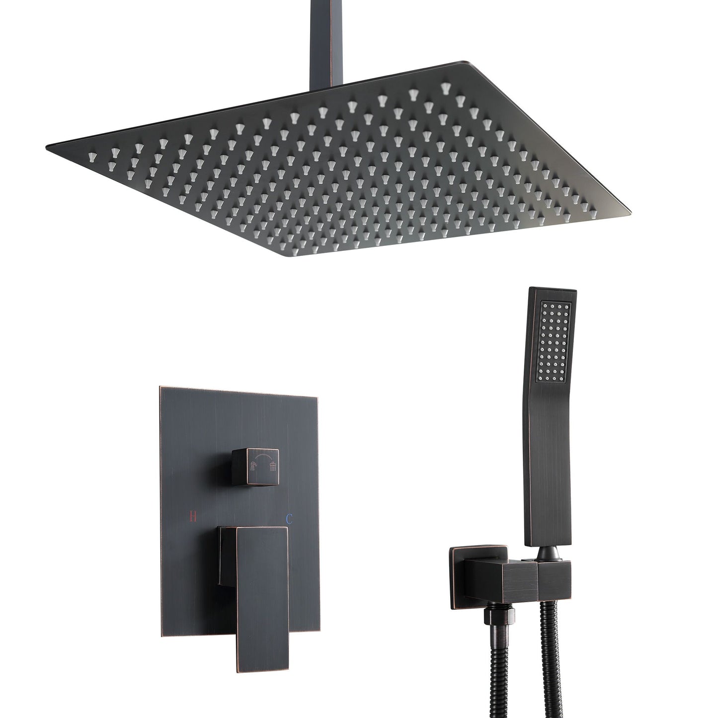 16\" Rainfall Shower Head and Handhled Shower Head,Ceiling Mounted Matte Black Shower System