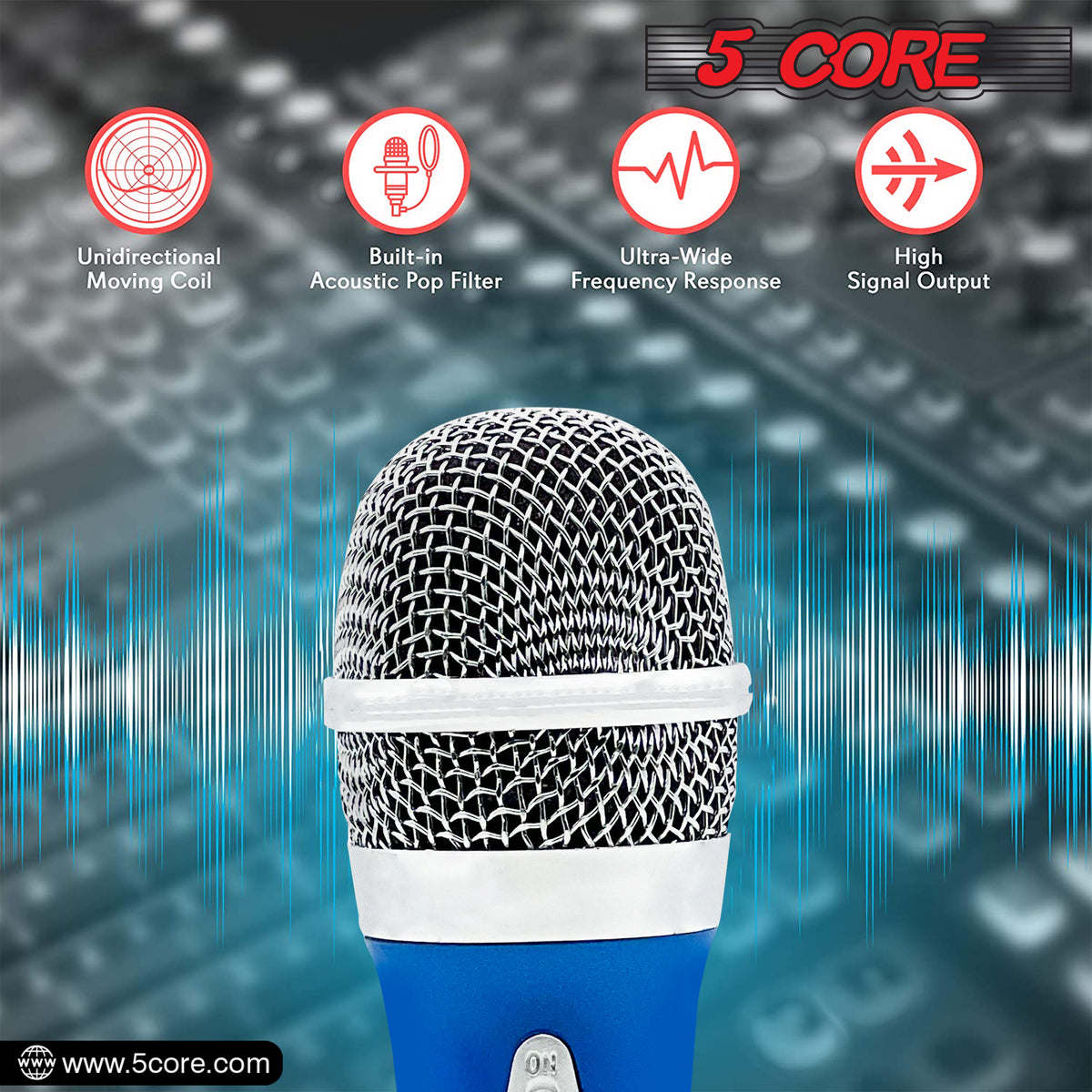 5 Core Microphone Wired Premium Vocal Dynamic Cardioid Handheld Unidirectional Mic with 12ft Detachable XLR Cable to inch Audio Jack and On/Off Switch for Karaoke Singing (Blue) PM 286 BLU