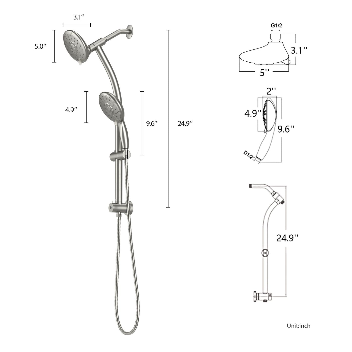 5-Inch 5-Function Wall mount High Pressure Rainfall ABS Dual Round Shower Head with Handheld Combo 304 Stainless Steel Shower Hose