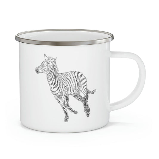 Enamel Camping Mug, Galloping Zebra Line Art Drawing Print