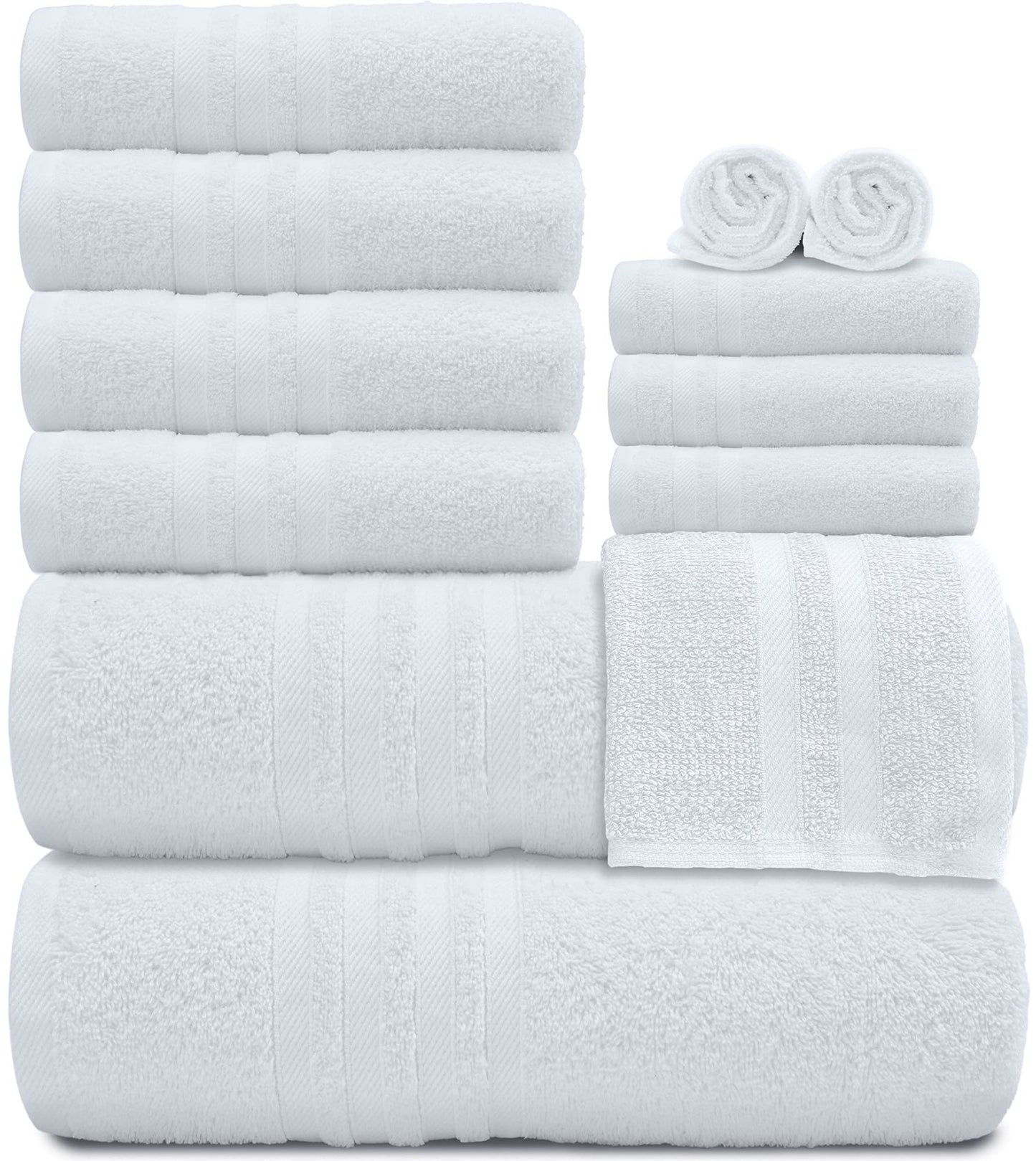 12 Piece Bath Towel Set for Bathroom 2 Bath Towels 4 Hand Towels 6 Washcloths 100% Cotton Soft and Plush Highly Absorbent Soft Towel for Hotel & Spa White