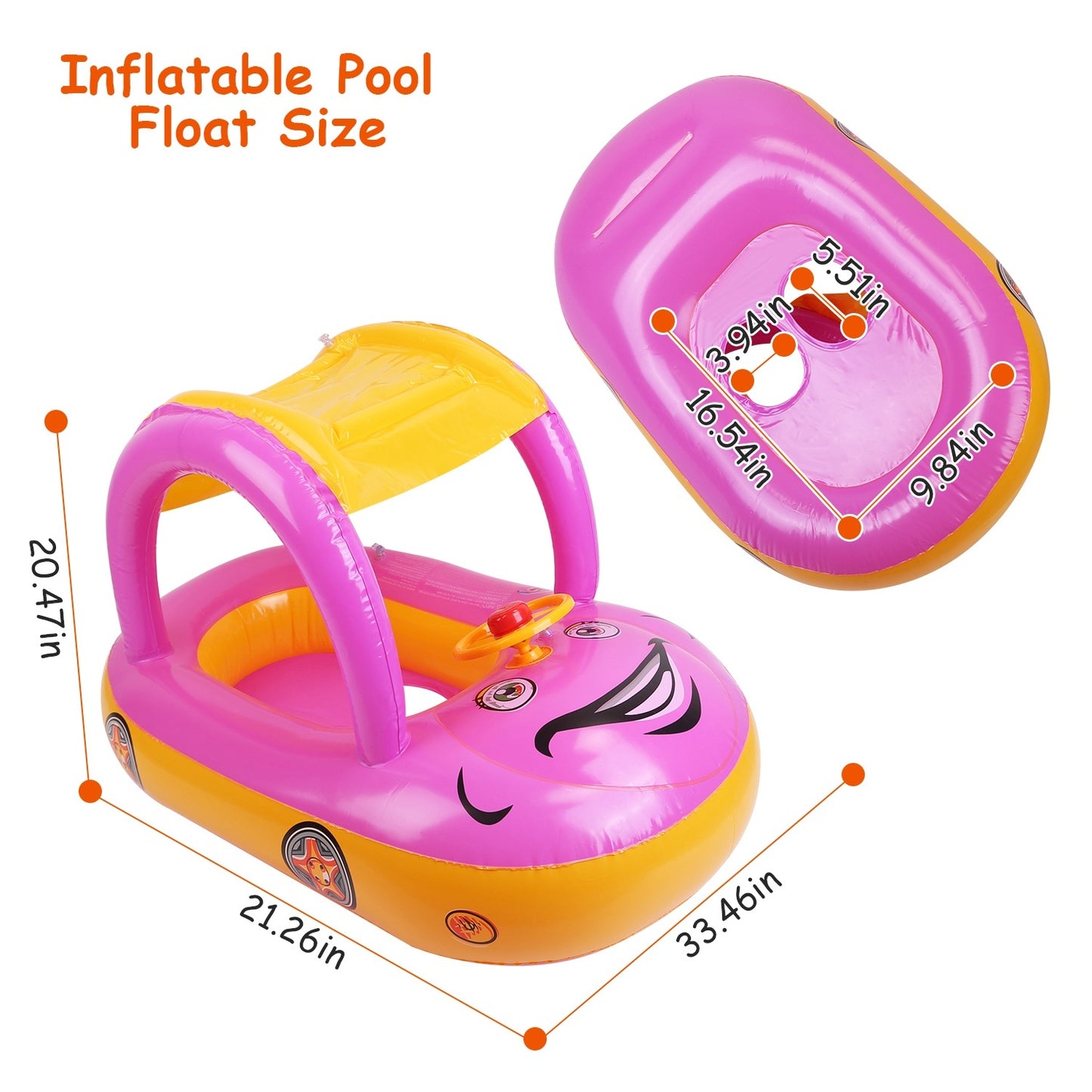 Baby Inflatable Pool Float Car Shaped Toddler Swimming Float Boat Pool Toy Infant Swim Ring Pool with Sun Protection Canopy for 1-3 Year-Old Kids Infant Toddlers