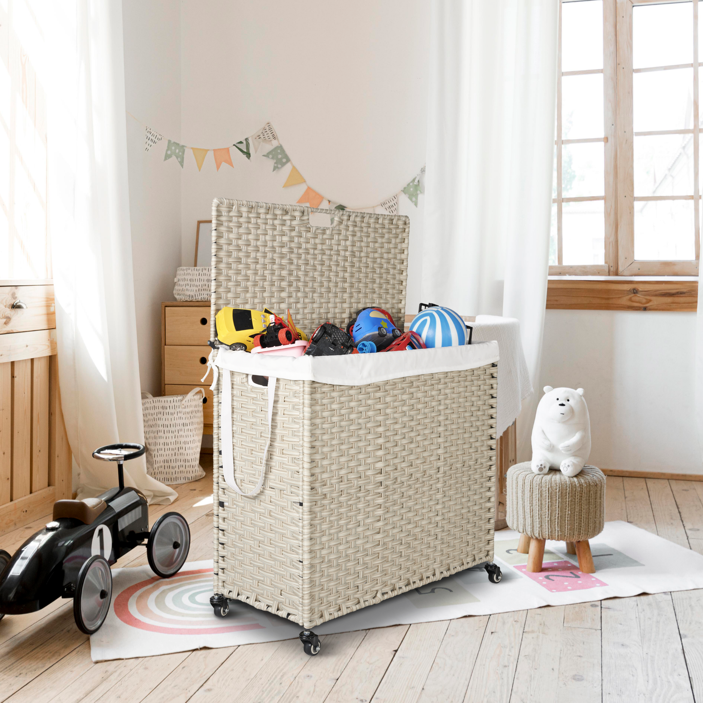 Laundry Hamper With Lid PE Rattan Powder Coating Frame Clothes Hampers with 02 Removable Bags, Wheels, 160L, Grey Color