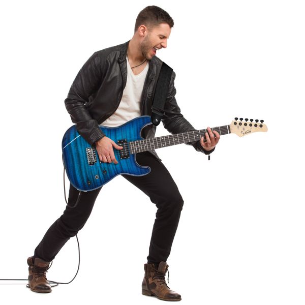 [Do Not Sell on Amazon] Glarry GST Stylish H-H Pickup Tiger Stripe Electric Guitar Kit with 20W AMP Bag Guitar Strap Blue