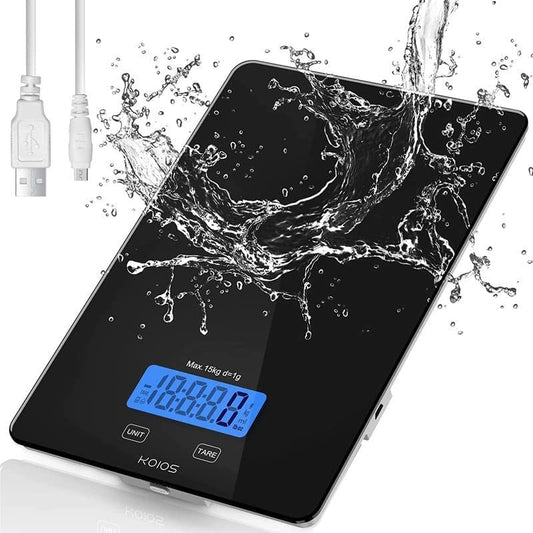 KOIOS Food Scale, 33lb/15Kg Digital Kitchen Scale for Food Ounces and Grams Cooking Baking, 1g/0.1oz Precise Graduation, Waterproof Tempered Glass, USB Rechargeable, 6 Weight Units, Tare Function