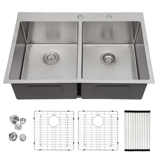 33 Inch Kitchen Sink Drop-in Topmount Sink 16 Gauge Double Bowl 50/50 Gunmetal Black Stainless Steel Sink with Strainer