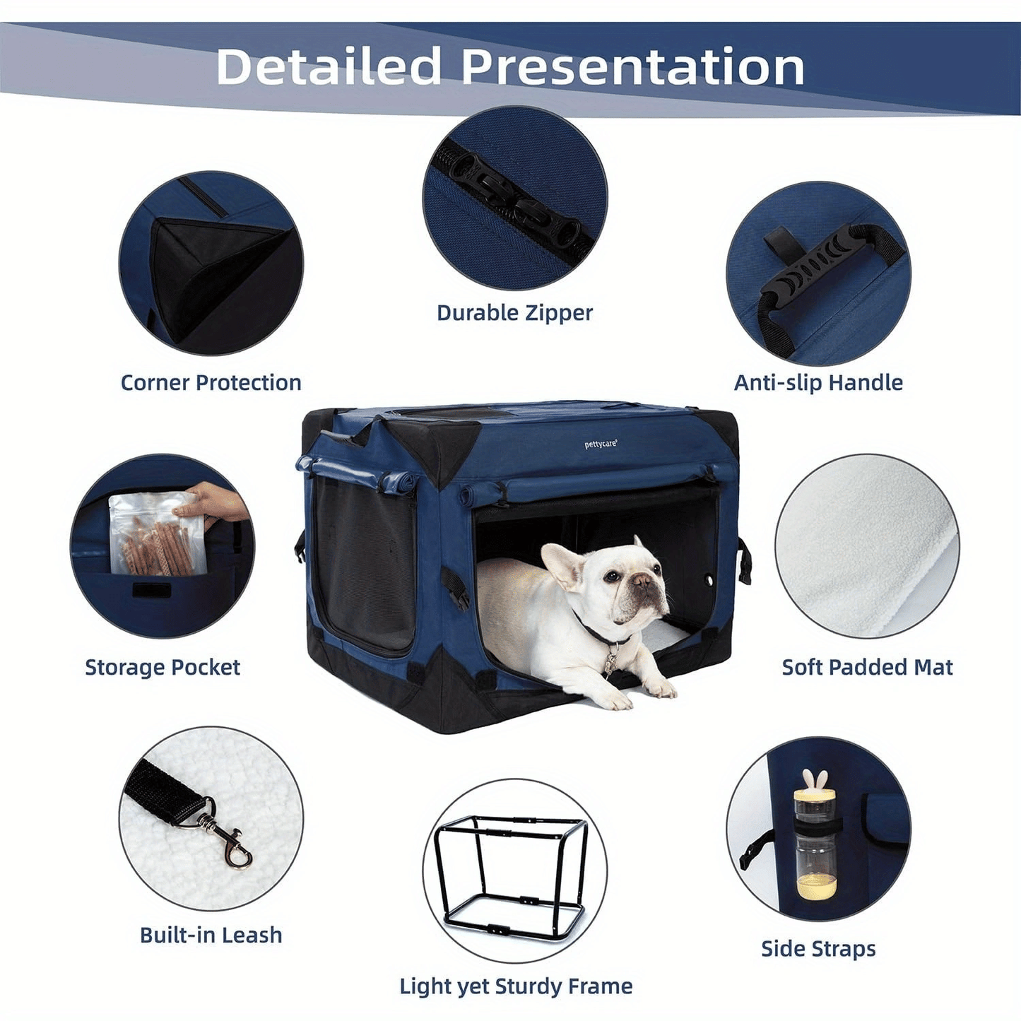 Dog Crate with Curtains, Travel Dog Crate for Airflow and Calm, Soft Pet Dog Kennel with Portable Bag and More Chew Proof Mesh, Indoor Outdoor, Navy Blue+4 Door Curtains