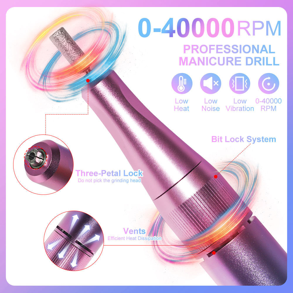 40000RPM Nail Drill Machine Electric Portable Nail File Rechargeable Nail Sander for Gel Nails Polishing For Home Manicure Salon