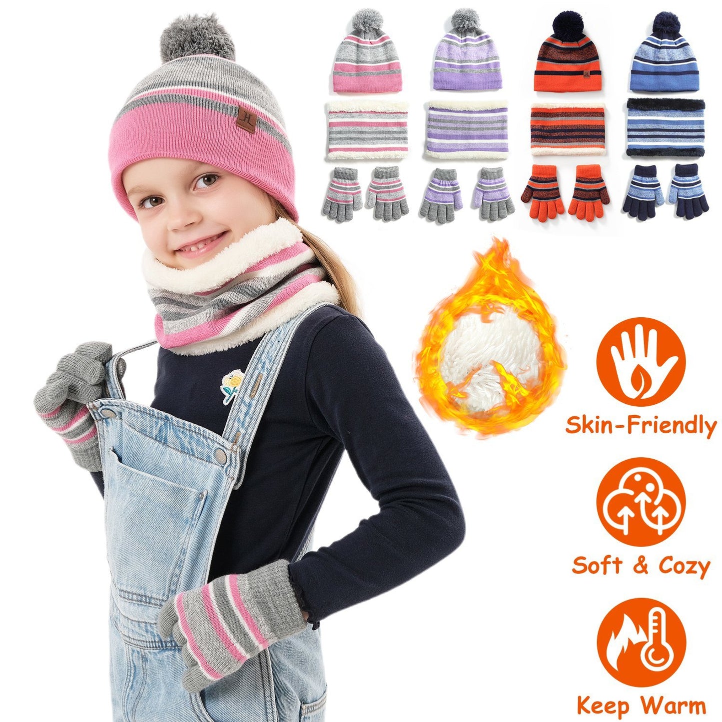 Winter Kids Knitted Hat Scarf Gloves 3Pcs Boys Girls Winter Warm Beanie Hat and Glove Scarf Set Beanie Neck Warmer Mittens for 4-7-Year-Old Kids