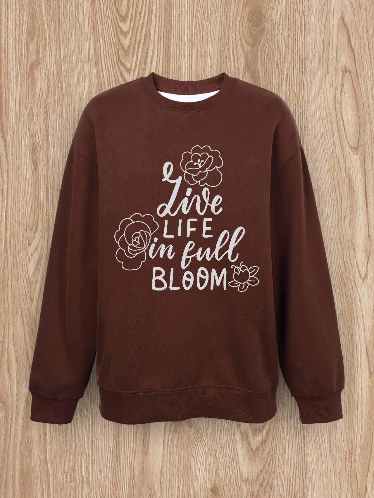 Women Basic Casual Pullover Spring Autumn Long Sleeve Alphabet Rose Printed Round Neck Black