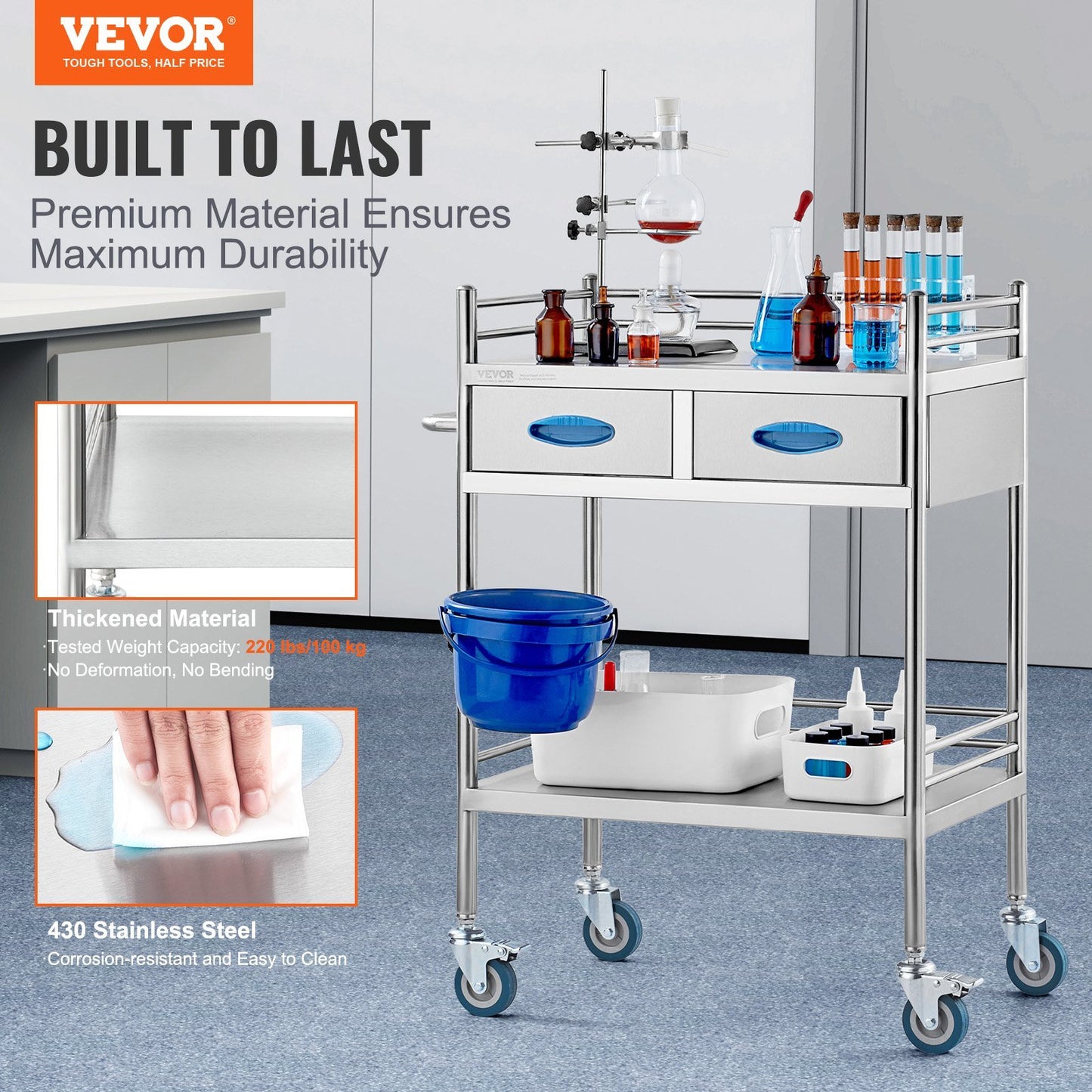 VEVOR Lab Serving Cart, 2 Layers Stainless Steel Utility Rolling Cart, Medical Cart with Two Drawers, Dental Utility Cart with Lockable Wheels and A Bucket, for Laboratory, Hospital, Dental Use