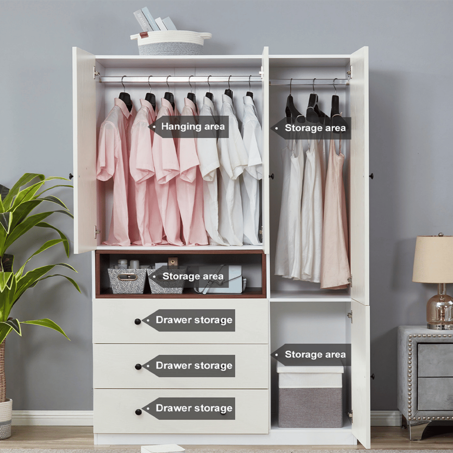 3-Door Armoire Wardrobe Closet, Wooden 3 Drawers White Closet Storage Cabinet for Large Capacity, Tall Cabinet Closet with 2 Hanging Rod for Bedroom 47.3" L x 20.3" W x 72" H