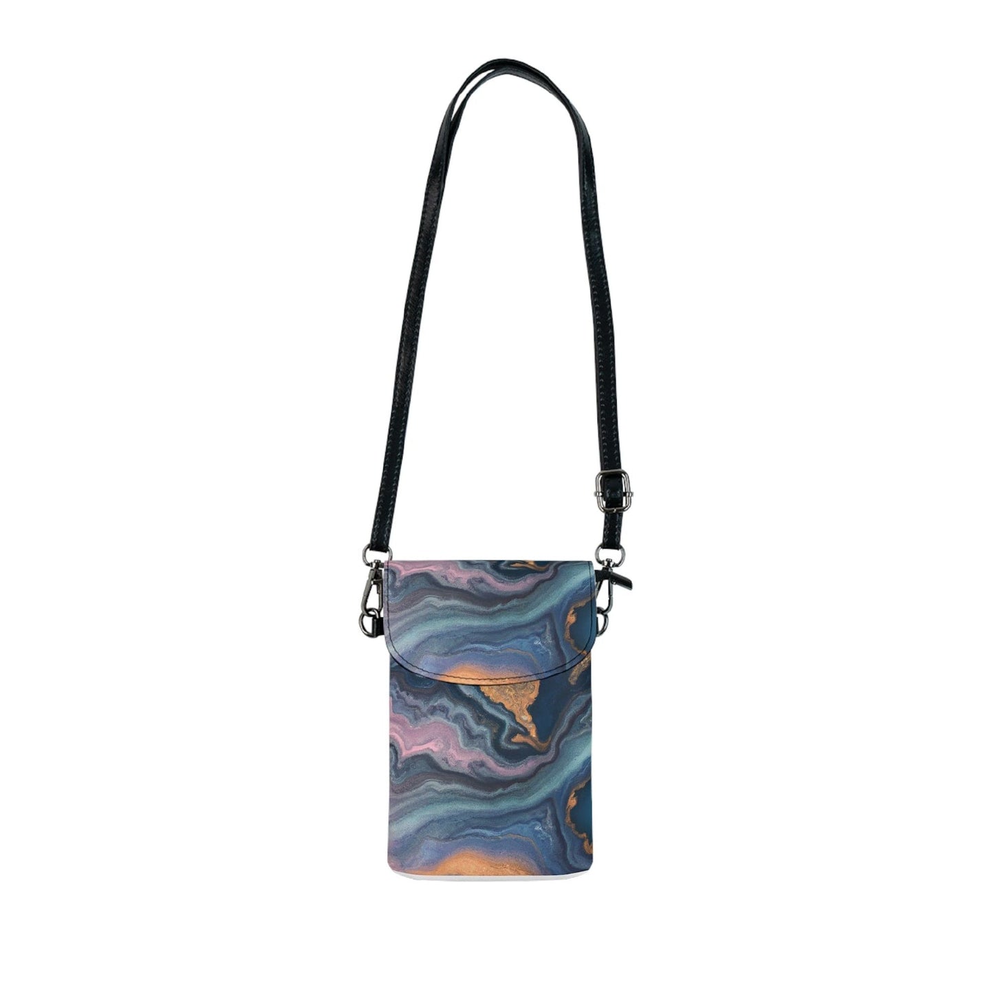 Crossbody Cell Phone Wallet Purse, Blue Pink Gold Abstract Marble Swirl Pattern